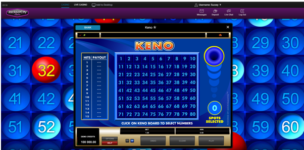 Jackpot City Keno game