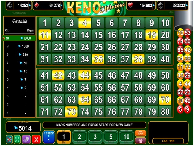 Wagers and Bets Keno Universe at online casino